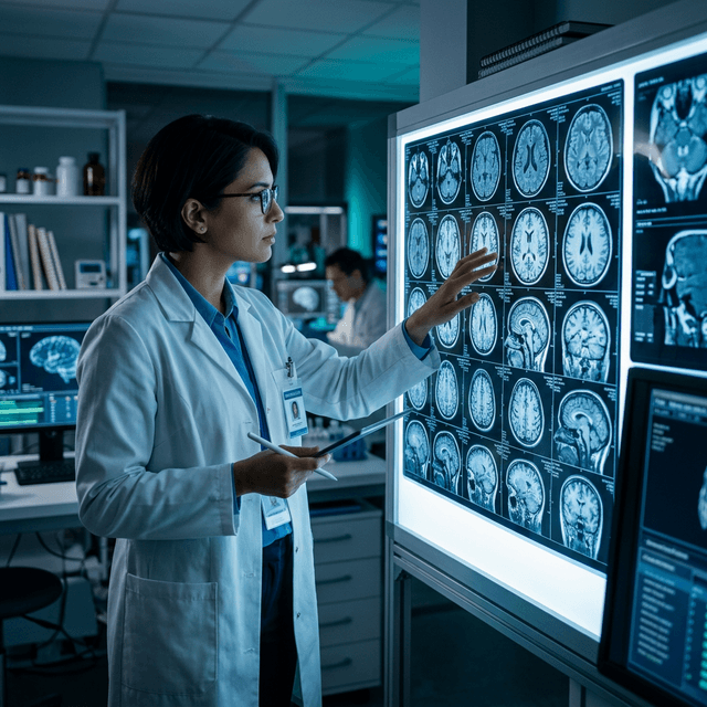 Neuroscientist examining brain MRI scans in a modern research laboratory